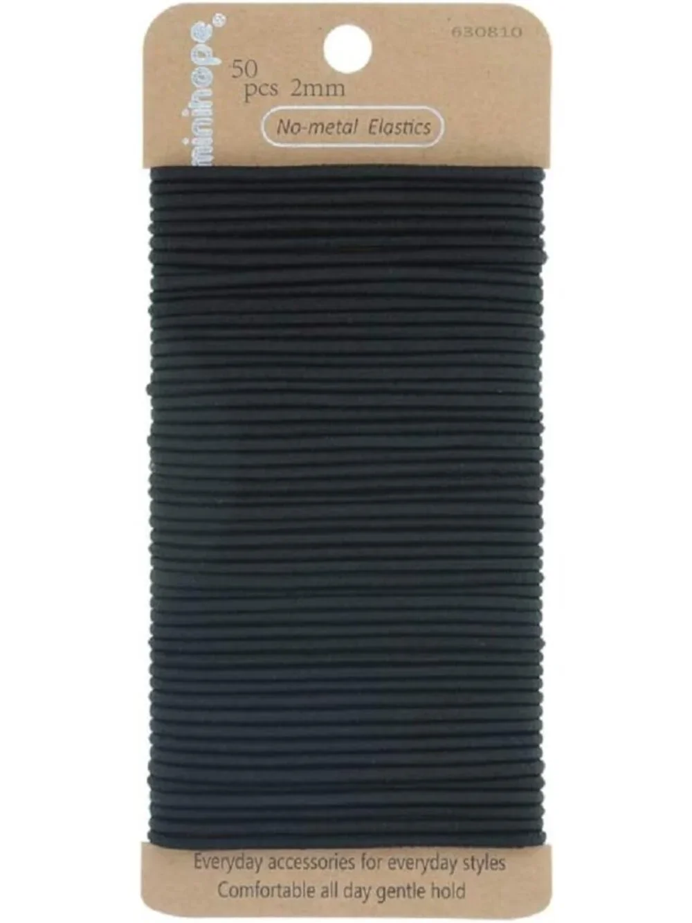 50 Count No-Metal Girls Elastic Hair Ties - Soft Black 2mm Women's Hair Elastics